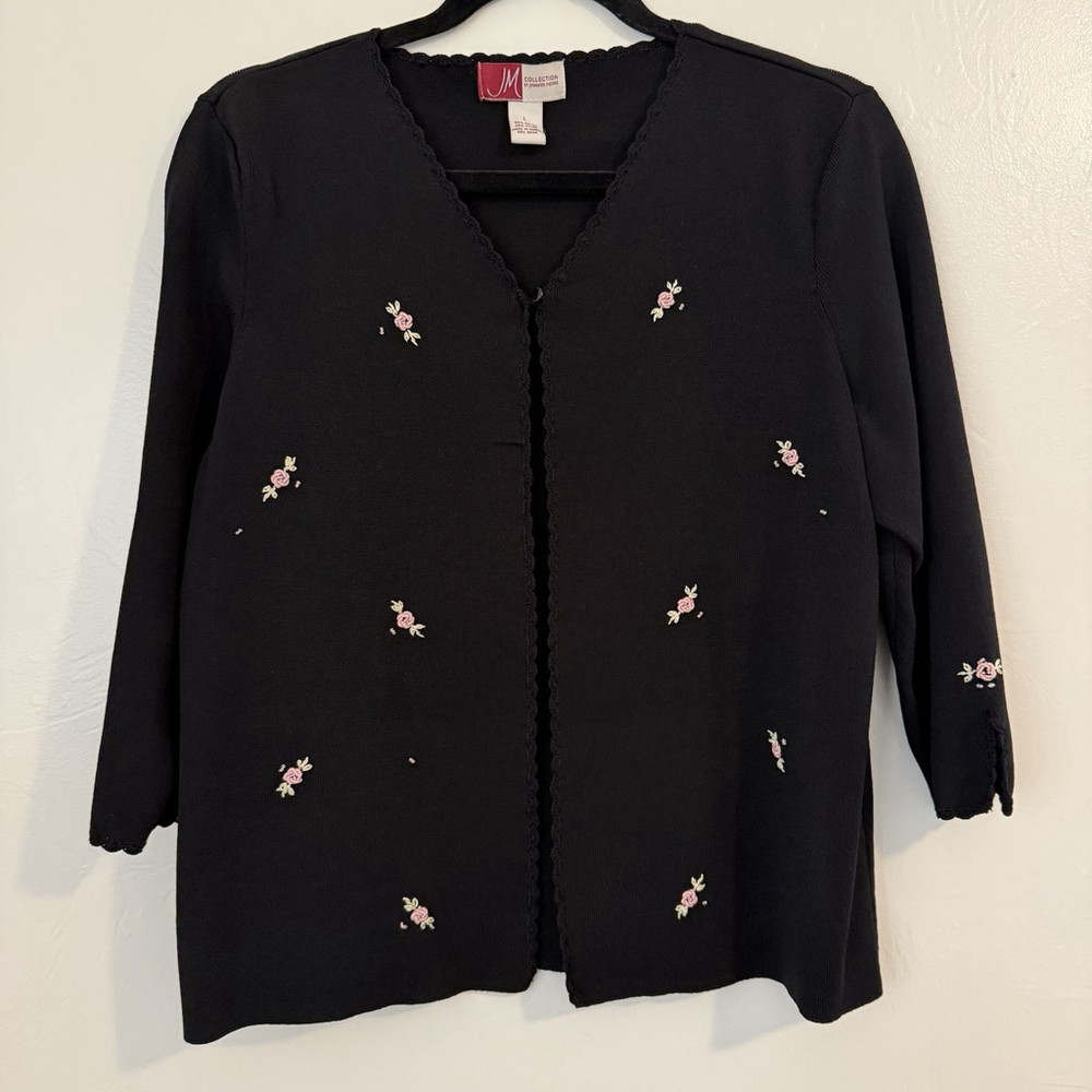 JM Collection Vintage Floral Embroidered Single Button 3/4 Sleeve Cardigan Large
